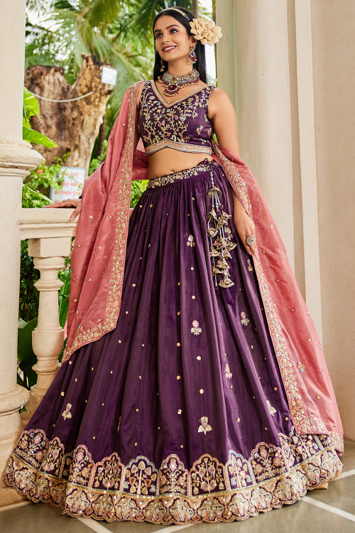 Dark Purple A Line Tissue Embroidered Lehenga For Wedding 