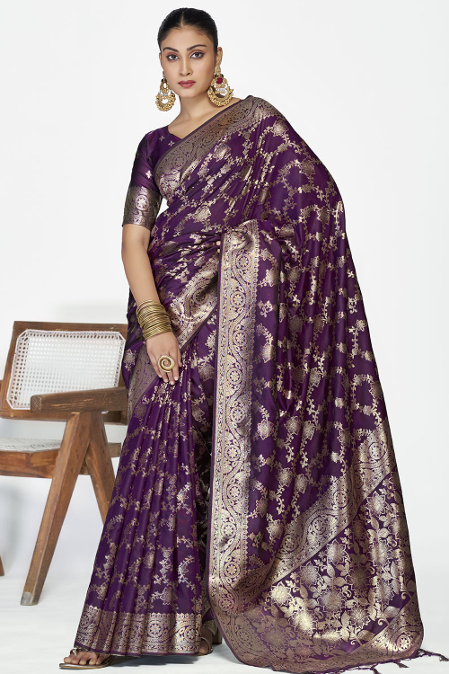 Dark Purple Art Silk Broad Border Saree With Woven Zari Work