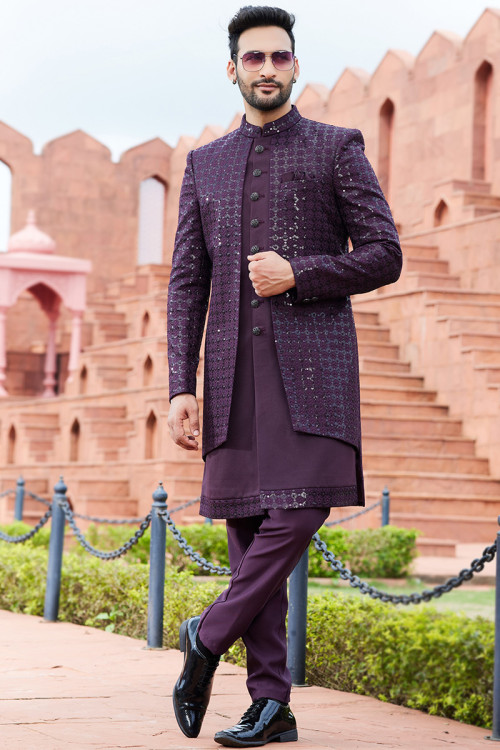 Dark Purple Art Silk Embroidered Jacket Style Men's Sherwani