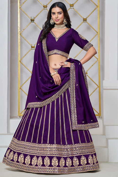 Dark Purple Art Silk Resham Embroidered Panelled Style Lehenga