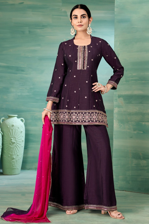 Dark Purple Art Silk Straight Pant Suit With Zari Work For Diwali