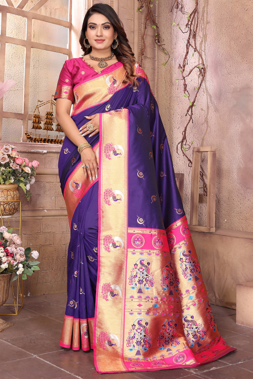 Dark Purple Art Silk Weaved Paithani Saree 