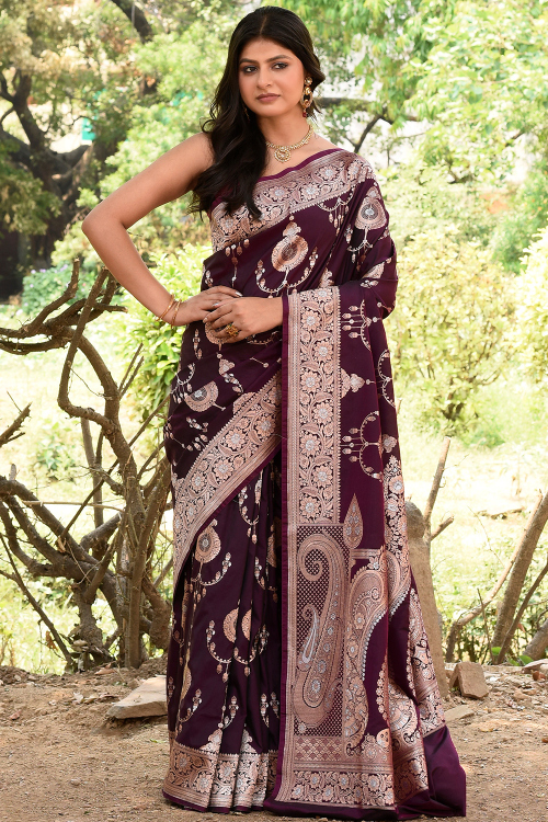 Dark Purple Art Silk Woven Zari Broad Border Saree 