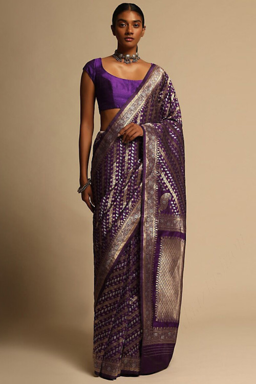 Purple Jaal Katan Silk Handloom Banarasi Saree - Sacred Weaves