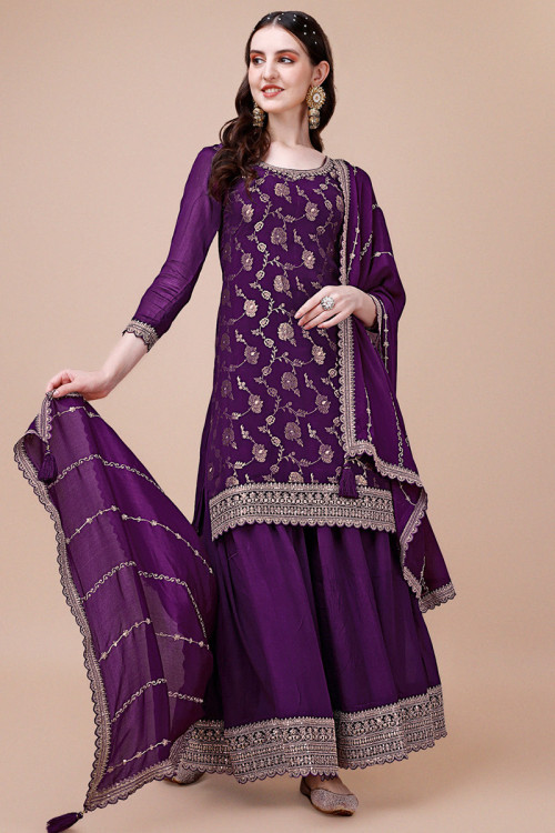Dark Purple Chanderi Silk Waeved Zari Trouser Suit For Sangeet