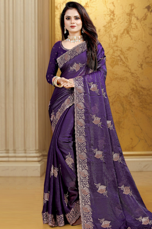 Dark Purple Chiffon Embroidered heavy Saree