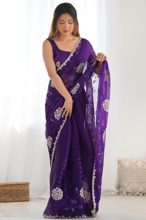 Dark Purple Chiffon Saree With Zari Work For Festival