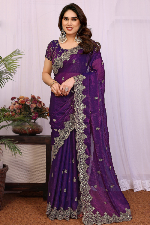 Dark Purple Chiffon Saree with Zari Work For Festival