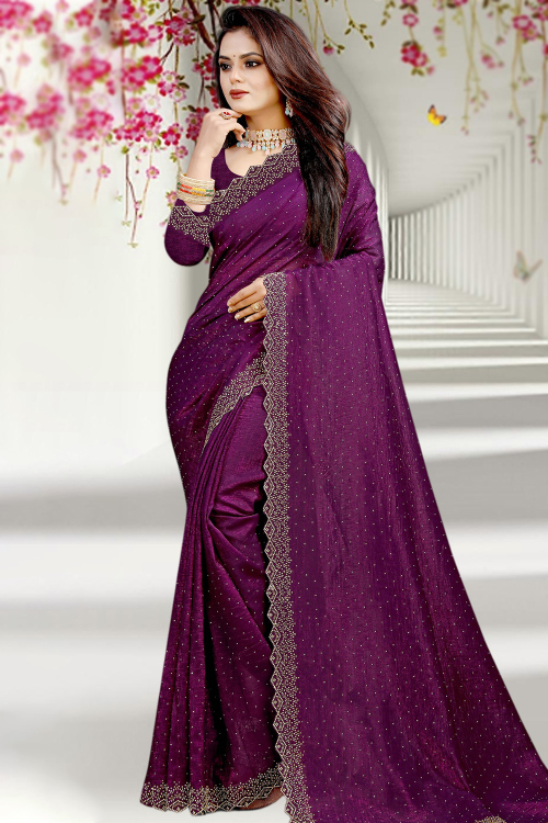 Dark Purple Chiffon Stone Embellished Shimmer Saree