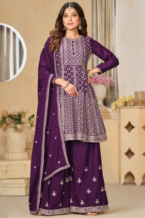 Dark Purple Chinnon Embroidered Frock Style Palazzo Suit 