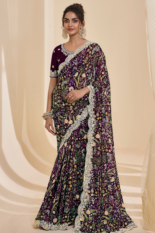 Dark Purple Crepe Printed Light Weight Saree 