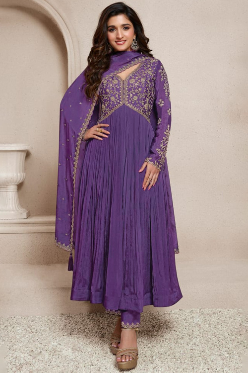 Violet Purple Dori Embroidered Chinnon Anarkali Suit 