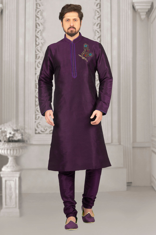 Dark Purple Dupion Silk Men's Kurta Churidar With Zari Work