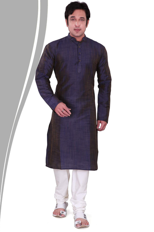 Dark Purple Dupion Silk Men's Straight Cut Kurta with Churidar 