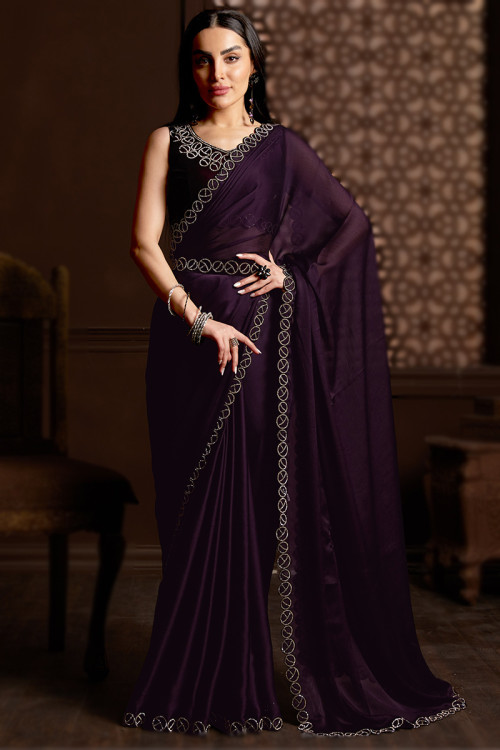 Party Wear Ladies Plain Dark Purple Silk Saree, 5.5 m (separate blouse  piece) at Rs 450 in Surat