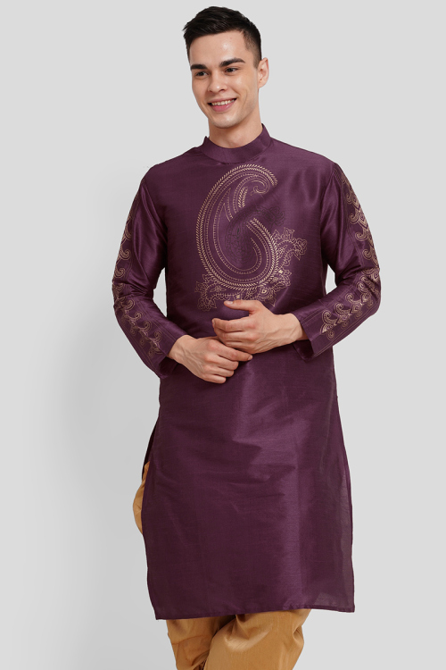 Dark Purple Foil Print Dupion Silk Men's Kurta For Sangeet 