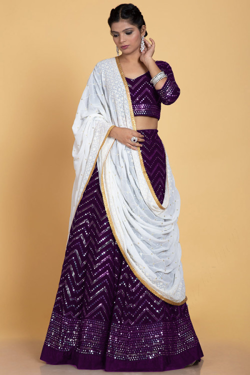 Lehenga for Party Wear in Georgette Dark Purple with Sequins Work