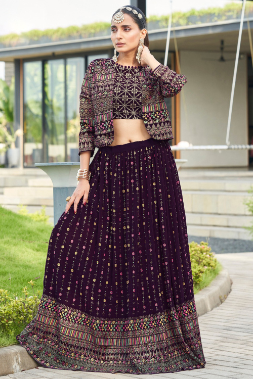 Dark Purple Georgette Embroidered A Line Lehenga 