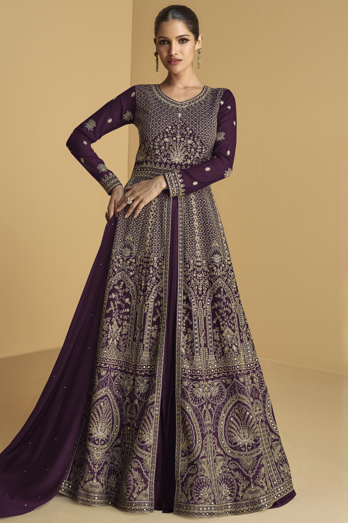 Dark Purple Georgette Embroidered Front Slit Anarkali Suit 