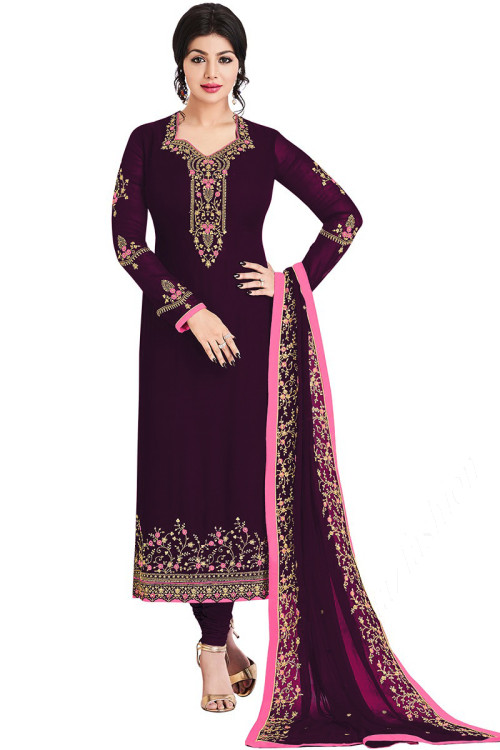 Dark Purple Georgette Embroidered Indian Churidar Suit