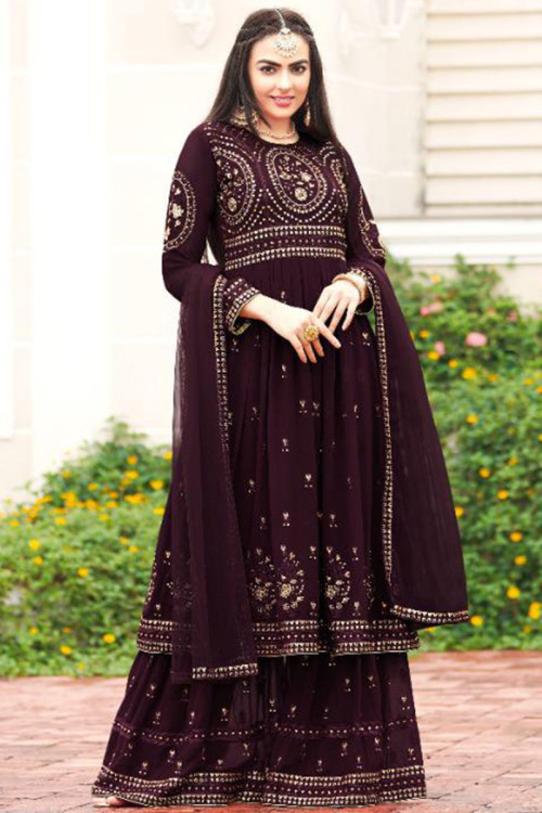 Dark Purple Georgette Embroidered Pakistani Sharara Suit