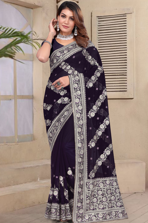 Dark Purple Georgette Embroidered Regional Saree