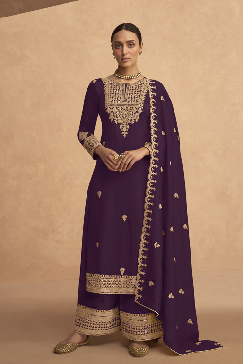 Dark Purple Georgette Embroidered Straight Cut Palazzo Suit