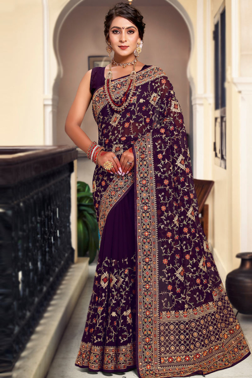 Dark Purple Georgette Embroidered Traditional Saree 