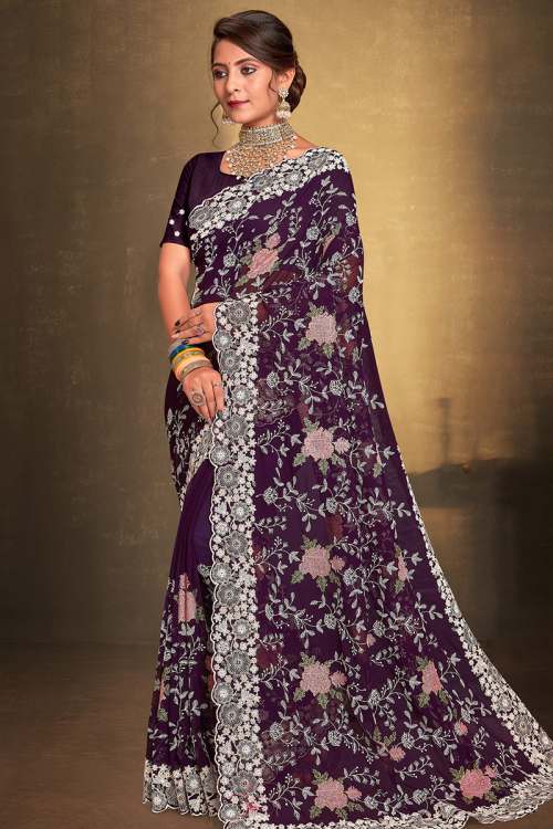 Dark Purple Georgette Heavy Embroidered Saree 