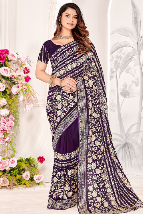 Dark Purple Georgette Saree With Resham Thread Work