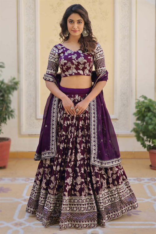 Dark Purple Silk Zari Weaved Flared Style Lehenga