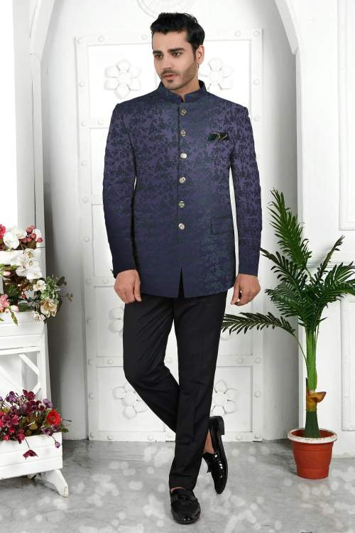 Dark Purple Jacquard Men&#039;s Jodhpuri Style Sherwani With Weaved Work