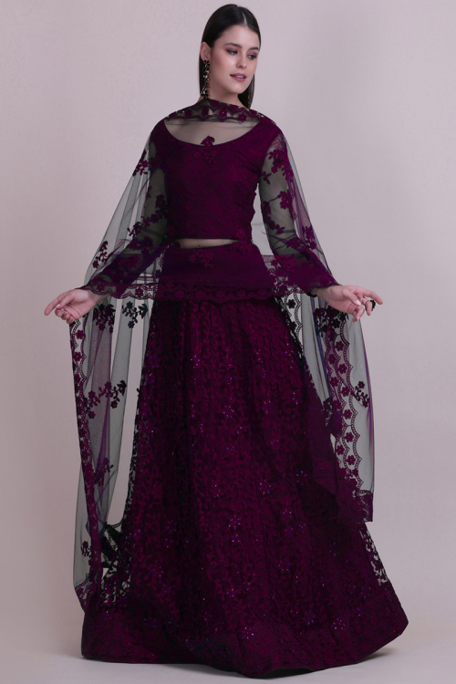 Dark Purple Net A Line Embroidered Lehenga