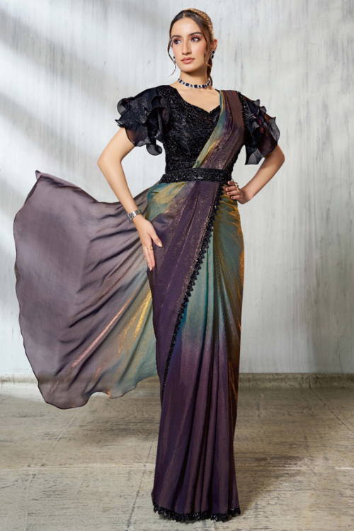 Dark Purple Organza Ombre Printed Saree 