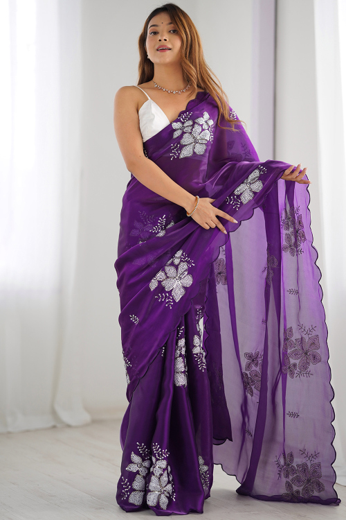 Dark Purple Organza Sequins Embroidered Light Weight Saree 