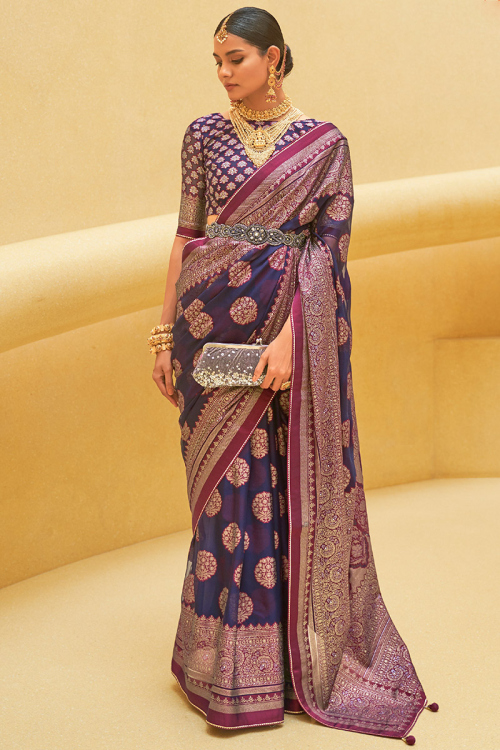 Dark Purple Organza Woven Zari Saree