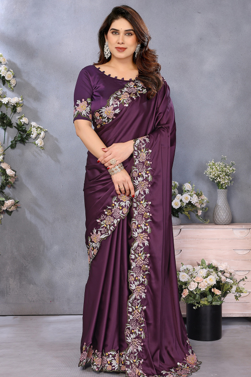Dark Purple Satin Embroidered Saree For Festival