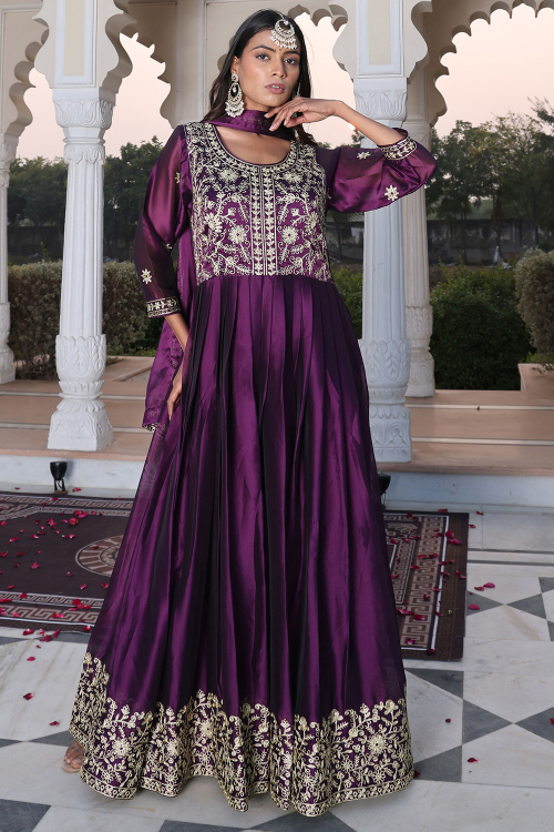Dark Purple Satin Silk Embroidered Anarkali Suit 