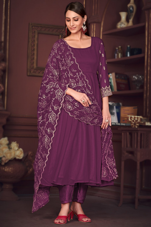 Dark Purple Sequins Embroidered Georgette Anarkali Suit 