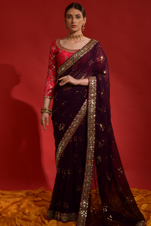 Dark Purple Sequins Embroidered Georgette Saree For Sangeet