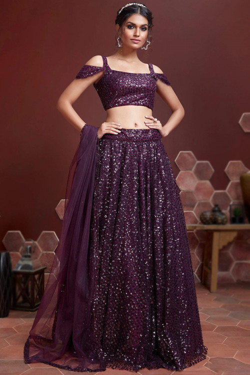 Dark Purple Sequins Embroidered Net Flared Style Lehenga