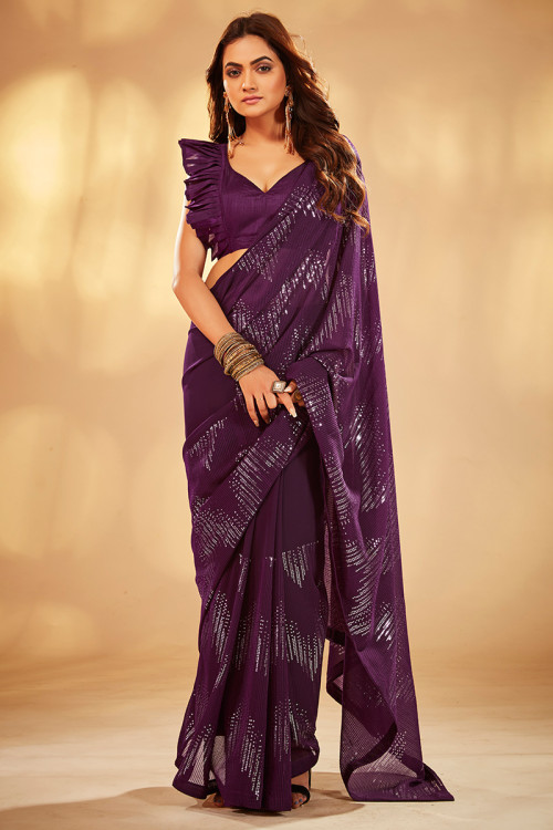 Shop Georgette Dark Purple Saree Party Wear Online at Best Price | Cbazaar