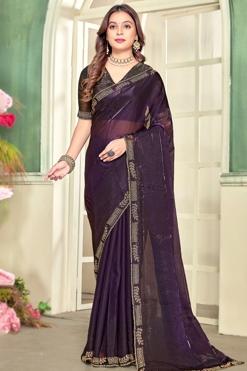 Dark Purple Shimmer Organza Printed Saree