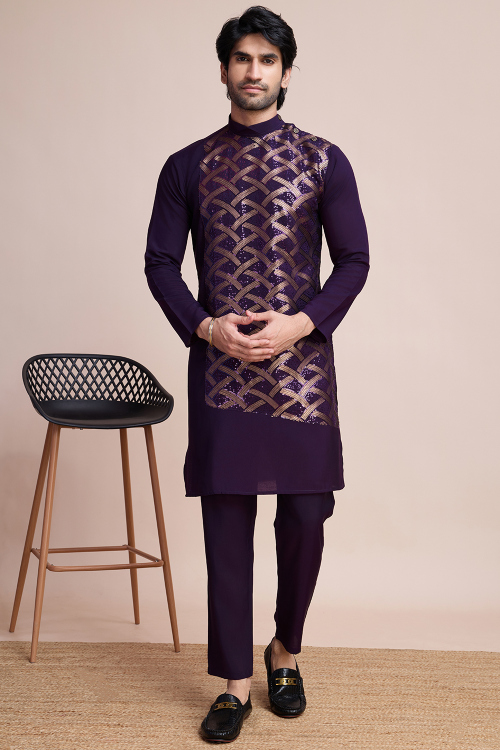 Dark Purple Silk Blend Embroidered Straight Cut Men's Kurta