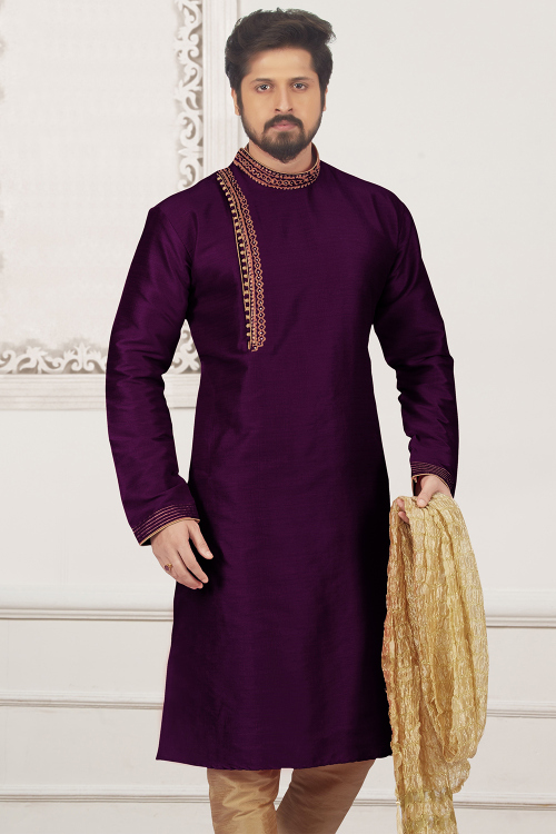 Dark Purple Silk Blend Kurta With Stone Work For Wedding