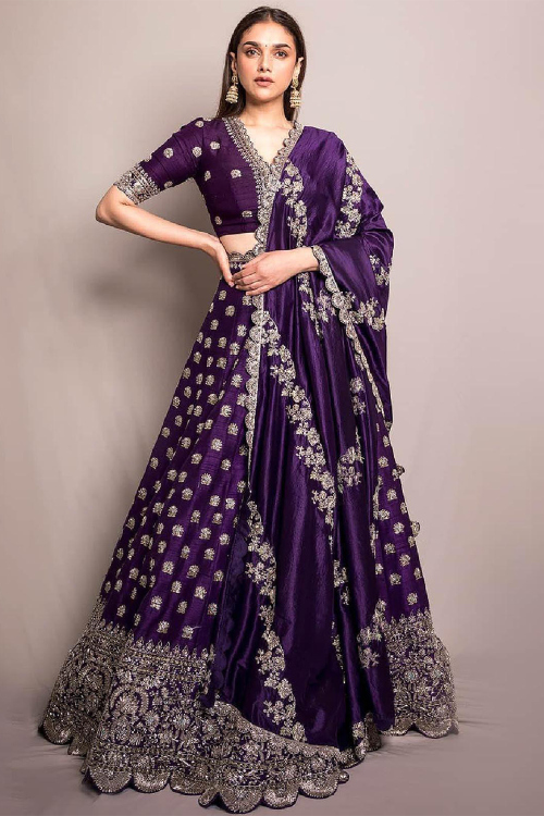 Dark Purple Silk Embroidered Bollywood Panelled Style Lehenga 