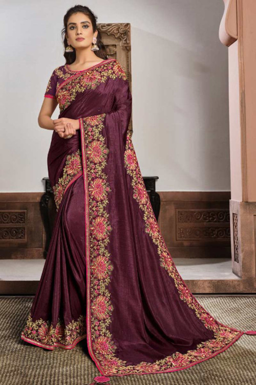 dark purple silk embroidered saree sarv114391 1