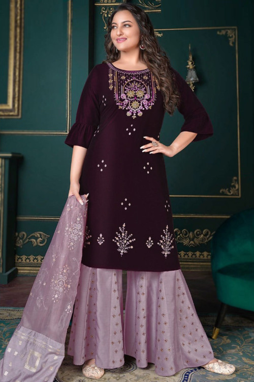 dark purple silk embroidered sharara suit lstv118530 1 1