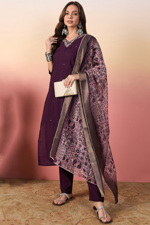 Dark Purple Silk Embroidered A Line Ready Made Trouser Suit