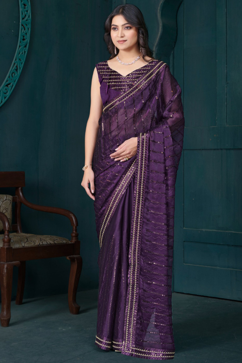 Dark Purple Silk Organza Saree With Sequins Work For Diwali Wear